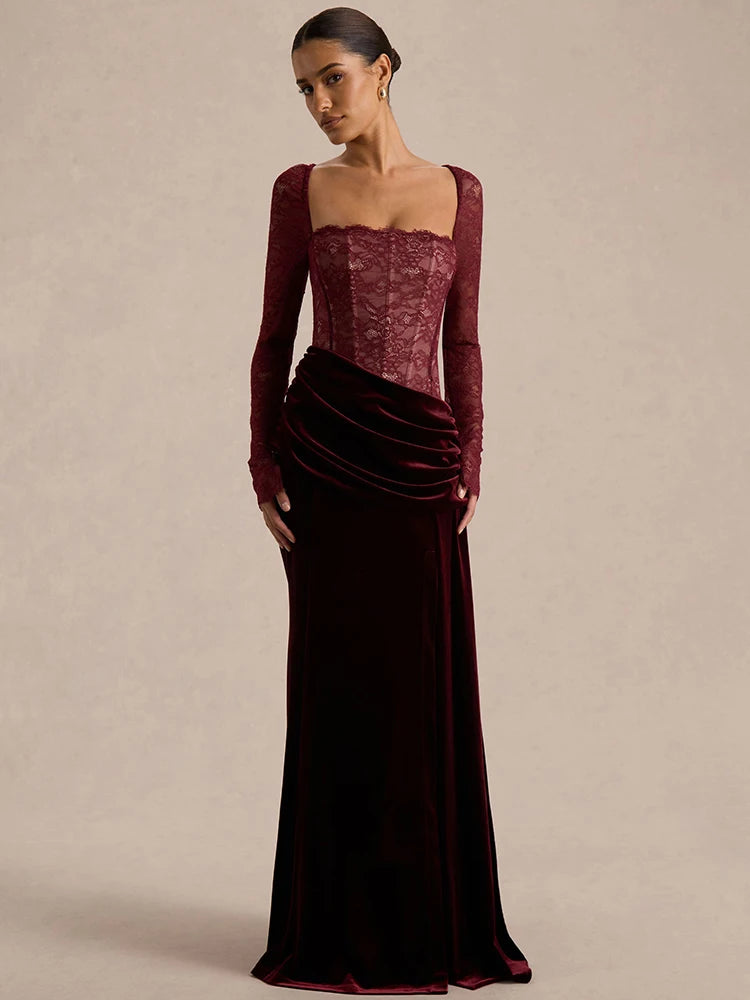 Mozision Lace Velvet Square-Neck Sexy Maxi Dress Women Elegant See Through Long Sleeve Backless Split Club Party Long...