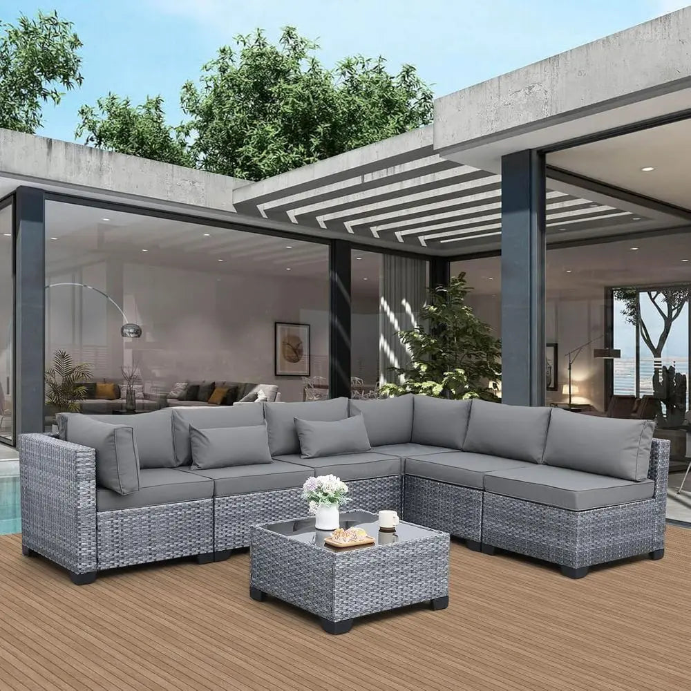 Gray Outdoor Patio Sectional Sofa Set with 7 Pieces, Washable Cushions, PE Wicker Rattan Furniture | Kimlud Outdoor...