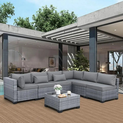 Gray Outdoor Patio Sectional Sofa Set with 7 Pieces, Washable Cushions, PE Wicker Rattan Furniture | Kimlud Outdoor...
