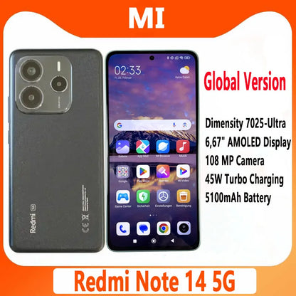 Global version Xiaomi Redmi Note 14 5G Smartphone 108MP AI camera NFC Dimensity 7025-Ultra 6.67" 120Hz AMOLED display IP64 - Kimlud