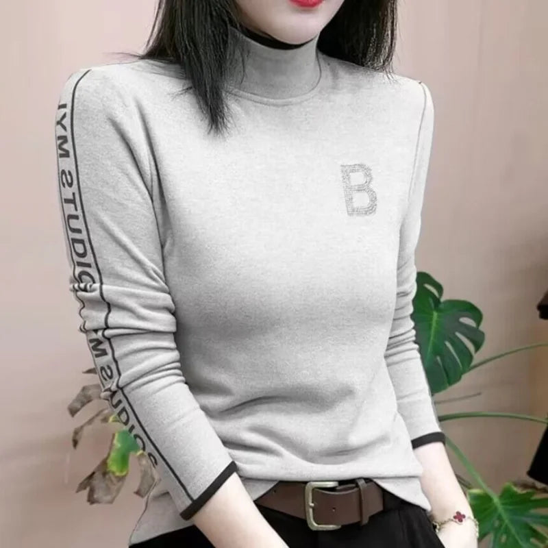 Women Winter Half High Neck Pullover Derong Bottom Shirt Fashion Design Hot Drills Letter Fleece Warm Versatile Long Sleeve Tops