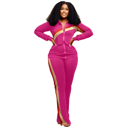 Custom LOGO Spring  Women's Sports Casual Fashion Color-matching Pocket Lapel Zipper Top Straight Pants Two-piece Set S-4XL