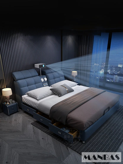 Linlamlim Ultimate Tech Smart Bed - Multifunctional Bedframe with Genuine Leather and Bluetooth Speaker, Drawers,...