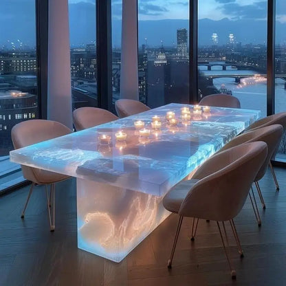 Luminous jade dining table natural luxury stone rectangular pink island white jade light luxury high-end marble rice