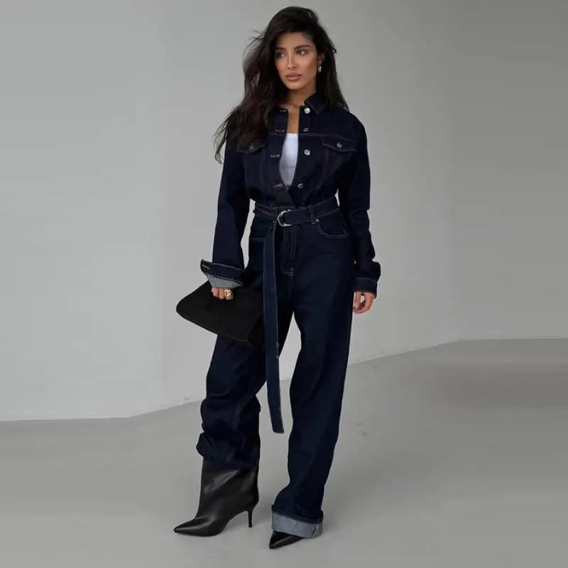 Chic Denim Women's Jumpsuit Turn-Down Collar Lace Up Full Sleeve Lady Long Jumpsuits 2026 Spring Casual Female Streetwear - Kimlud