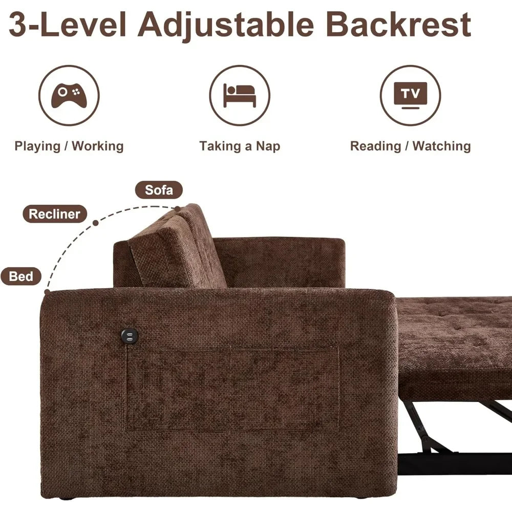 Convertible Brown Sofa Bed with Cup Holders, Pull-Out Sleeper, USB Ports for Living Rooms, Bedrooms, and RVs | Kimlud...