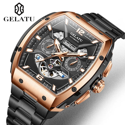 Reloj Hombre Watches Mens GELATU Top Brand Luxury Rose Black Skeleton Tourbillon Automatic Mechanical Watch for Men...