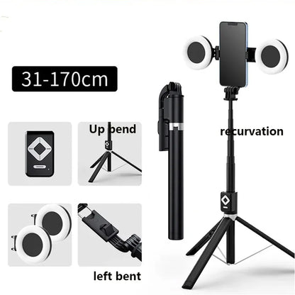 1.7m Extendable live Tripod Selfie Stick Support LED Ring Dual light mirror Stand 4 in 1 Phone Mount for iPhone X 8 11 Android