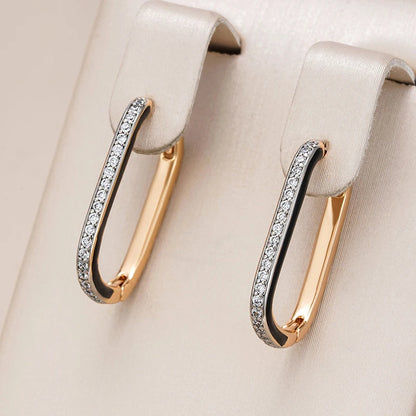 Wbmqda Elegant Fashion Black Enamel Zircon Hoop Earrings For Women 585 Rose Gold Color Classic French Style Fine Jewelry Gifts