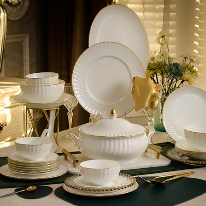 Bowl and dish set bone china tableware set bowl Jingdezhen light luxury simple hand drawn gold ceramic bowl and chopsticks plate - Kimlud