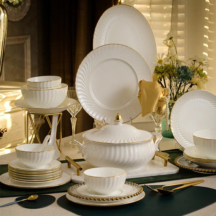 Bowl and dish set bone china tableware set bowl Jingdezhen light luxury simple hand drawn gold ceramic bowl and chopsticks plate - Kimlud