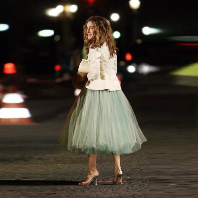 Puffy Mint Green Skirts Ankle Length Tulle Skirt Party Saias jupe femme Woman Skirt Elastic Band