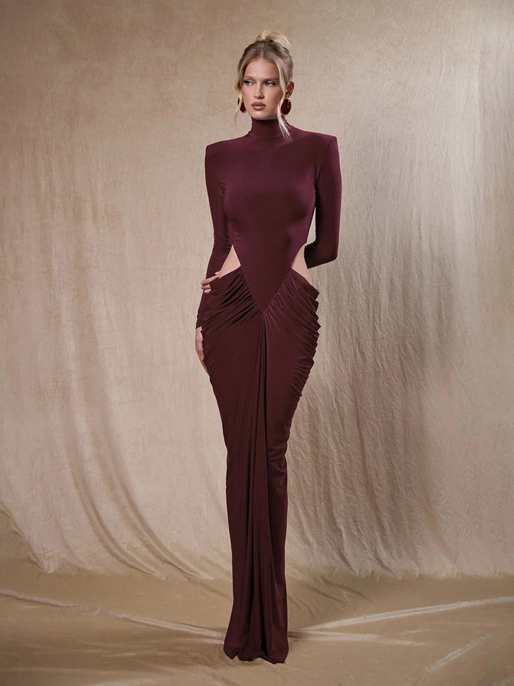 Sexy High Neck Waist Hollow Out Ruched Long Dresses for Women Long Sleeves Folds Bodycon Dress Evening Party Club Cocktail Gowns