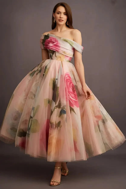 Women Off Shoulder Floral Print Tulle Plus Size Midi Dress A-Line Elegant Formal Cocktail Party Prom Evening Gown...