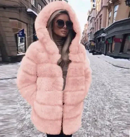 Fengguilai Fashion Luxury fake Fur Coat Women 80 CM Long Natural Fox Fur Jacket With Big Fur Hood Full Sleeve Winter Thick Fur