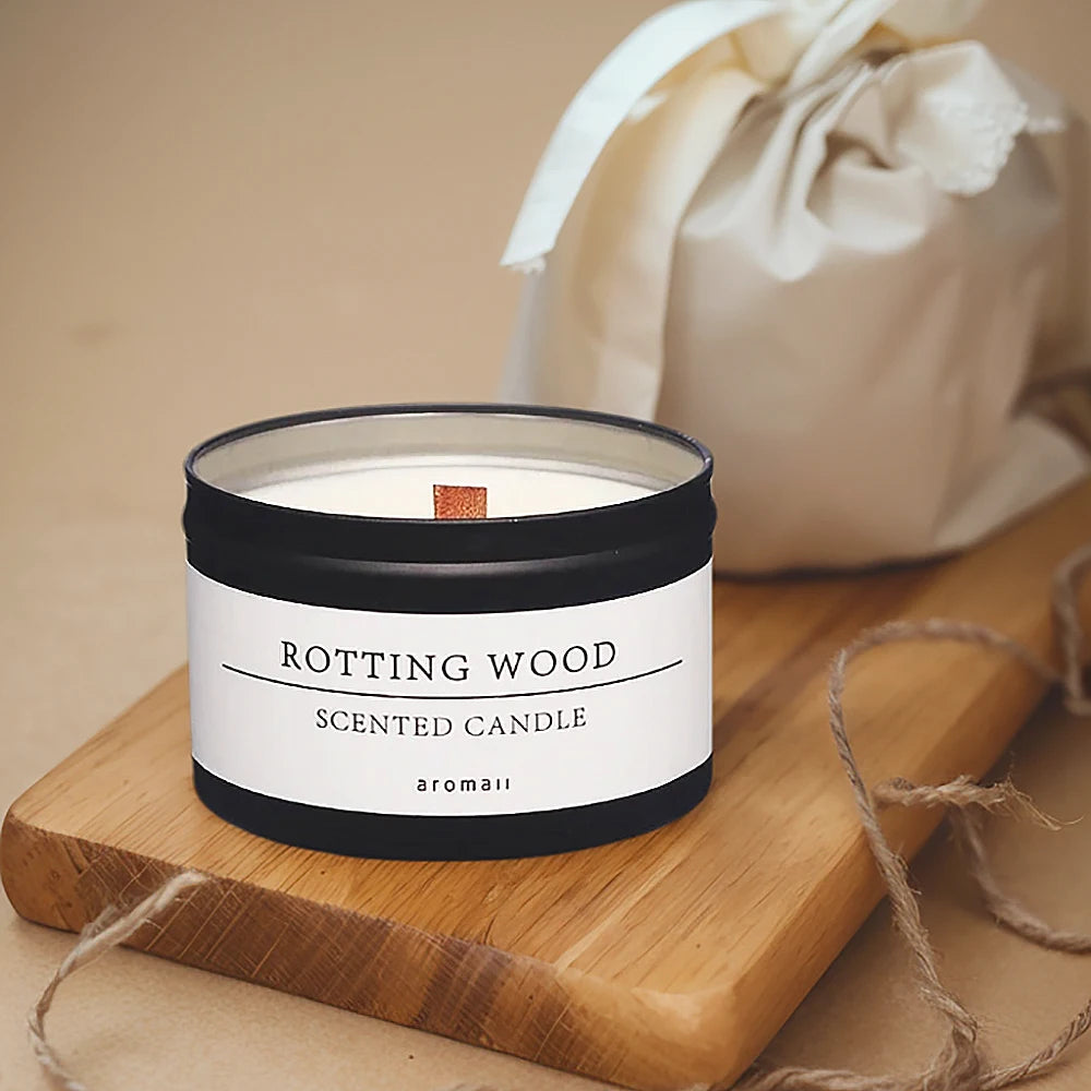 Black Tin Can Scented Aromatic Candles Wooden Wick Candle Jars with Lid Classic Home Decorative Candles Citronella - Kimlud