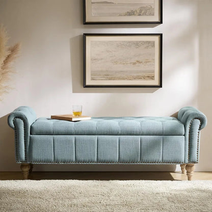 Farmhouse Upholstered Storage Bench, End of Bed Bench with Vintage Button Tufted Design(Blue)