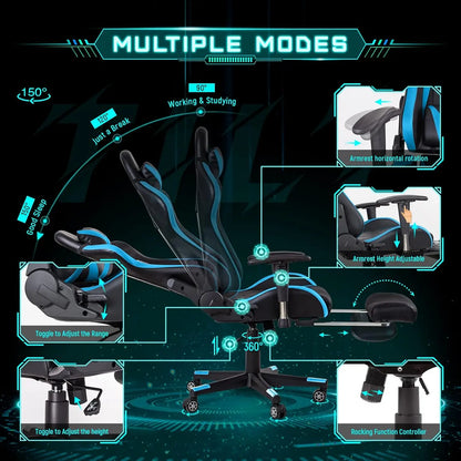 Ergonomic Gaming Chair with High Back, Adjustable Footrest and Lumbar Support - Blue