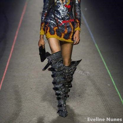 Luxury Crystal Buckles Over The Knee Boots Women Bling Rivets Pointed Toe Iron Heels Long Boots 2024 Fashion Party Catwalk Boots