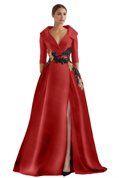 Classic Satin Evening Dresses For Women Wedding Party Guest V-neck Three Quarter A-line Side Slit Elegant Prom vestidos de gala
