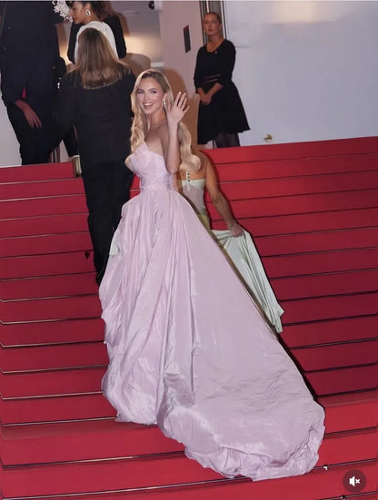 Elegant Off Shoulder Prom Gown Pink Taffeta Backless A Line Formal Dresses Draped V Neck High Split Prom Gowns Long - Kimlud