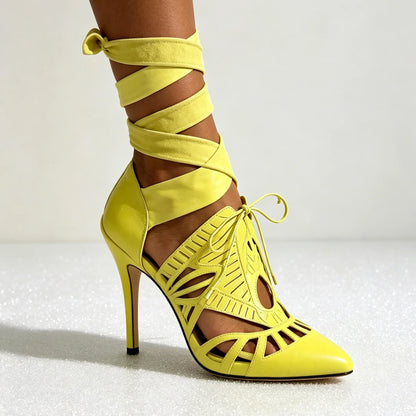 Black Lace up Hollow Boots Cross Tied Women Shoes Thin Heels Pointed Toe High Heel Shoes for Girls Zapatos Para Hombres...