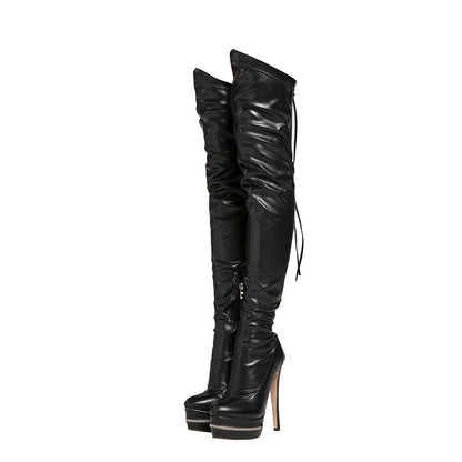 Sexy Women Elegant Pointed Toe Over The Knee High Boots Slim Stiletto Heels Platform Zipper Thigh High Party Evening Dress Shoes