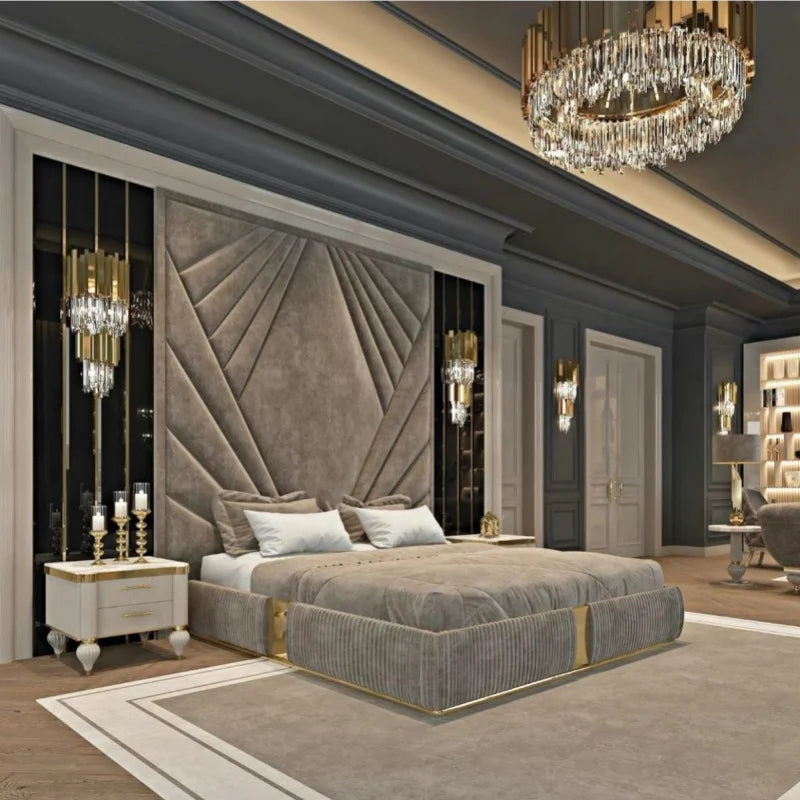 HJ HOME  Wholesale Fabric Up-holstered Beds King Size Double Headboard Customized Wall Panels Hotel Bedroom Furniture Set