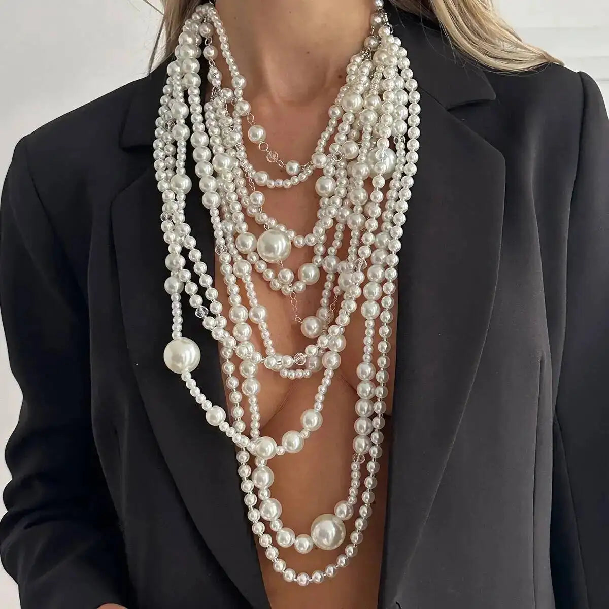 SHIXIN Exaggerated Multi-layer Imitation Pearl Choker Necklace Women Luxury Long Tassel Pendant Sweater Chain Bridal Wed Jewelry