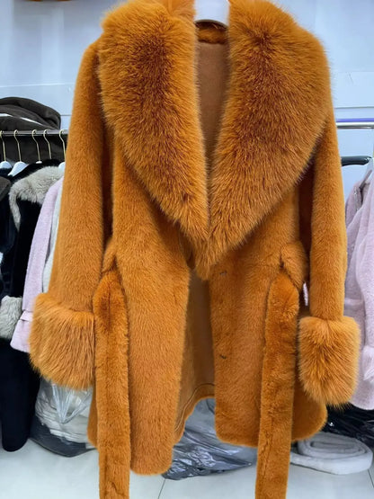 Coats Faux Fox Fur Women Thick Warm Long Coat Turn Down Collar Maxi Warm Jackets Thick Elegant Coat Belt Outerwear Autumn Winter