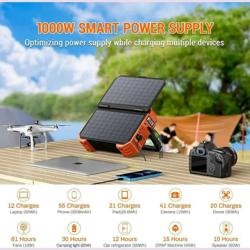 Portable Power Station 1000W with Built-in Solar Panel 614WH/192000mAh Battery Pack Solar Generator with AC/DC/USB/PD Output