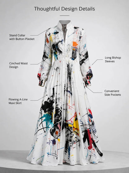 Freeacy Women Stand Collar Printed Shirt Maxi Dress Button Front Long Sleeve Pleated High Waist Flowy Floor Length...