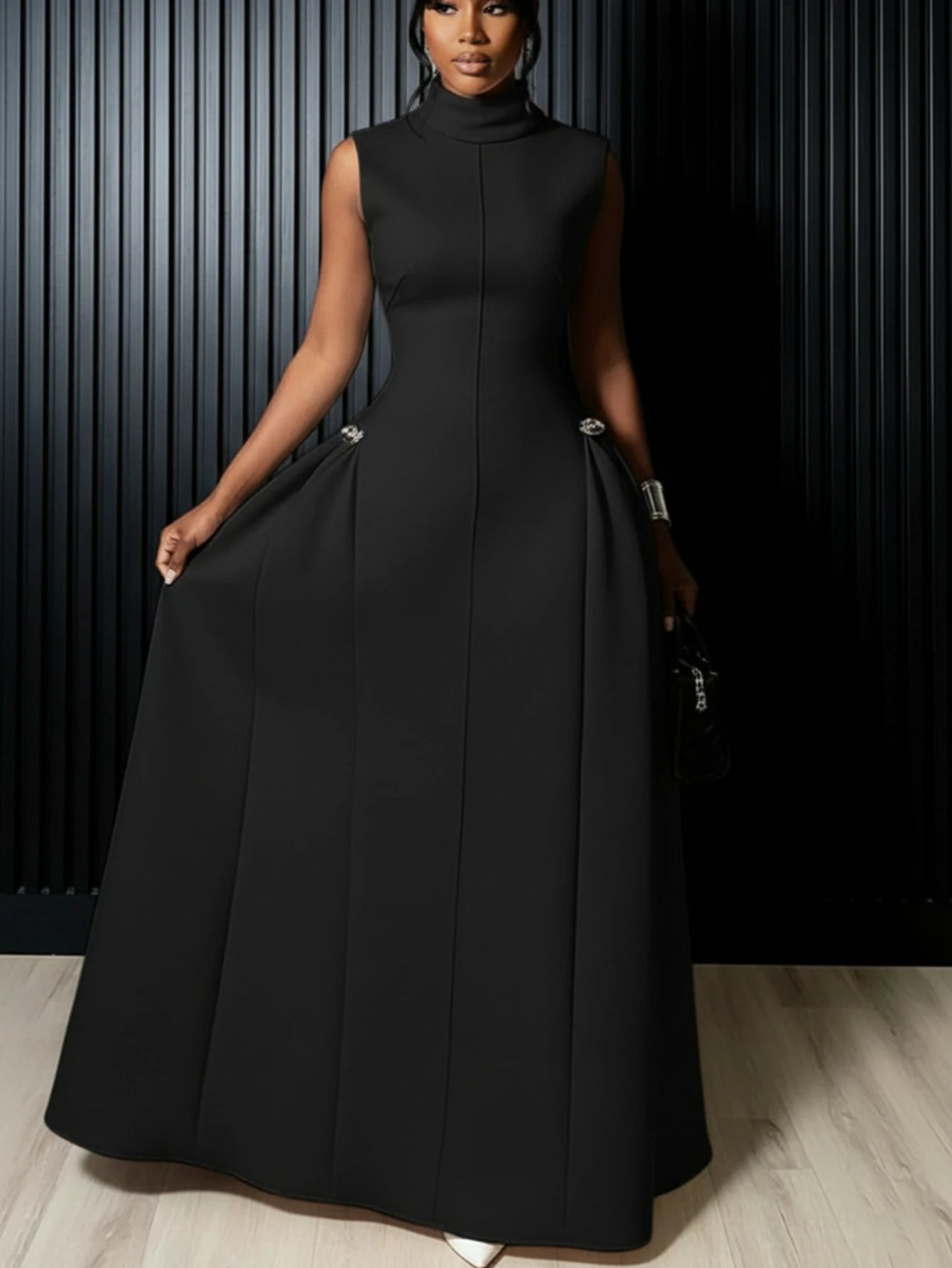 Women High Neck Sleeveless Fitted Floor Length Maxi Dress With Side Flared Detail For Formal Gala Wedding And Evening...