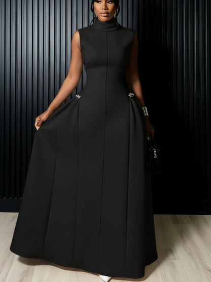 Women High Neck Sleeveless Fitted Floor Length Maxi Dress With Side Flared Detail For Formal Gala Wedding And Evening...