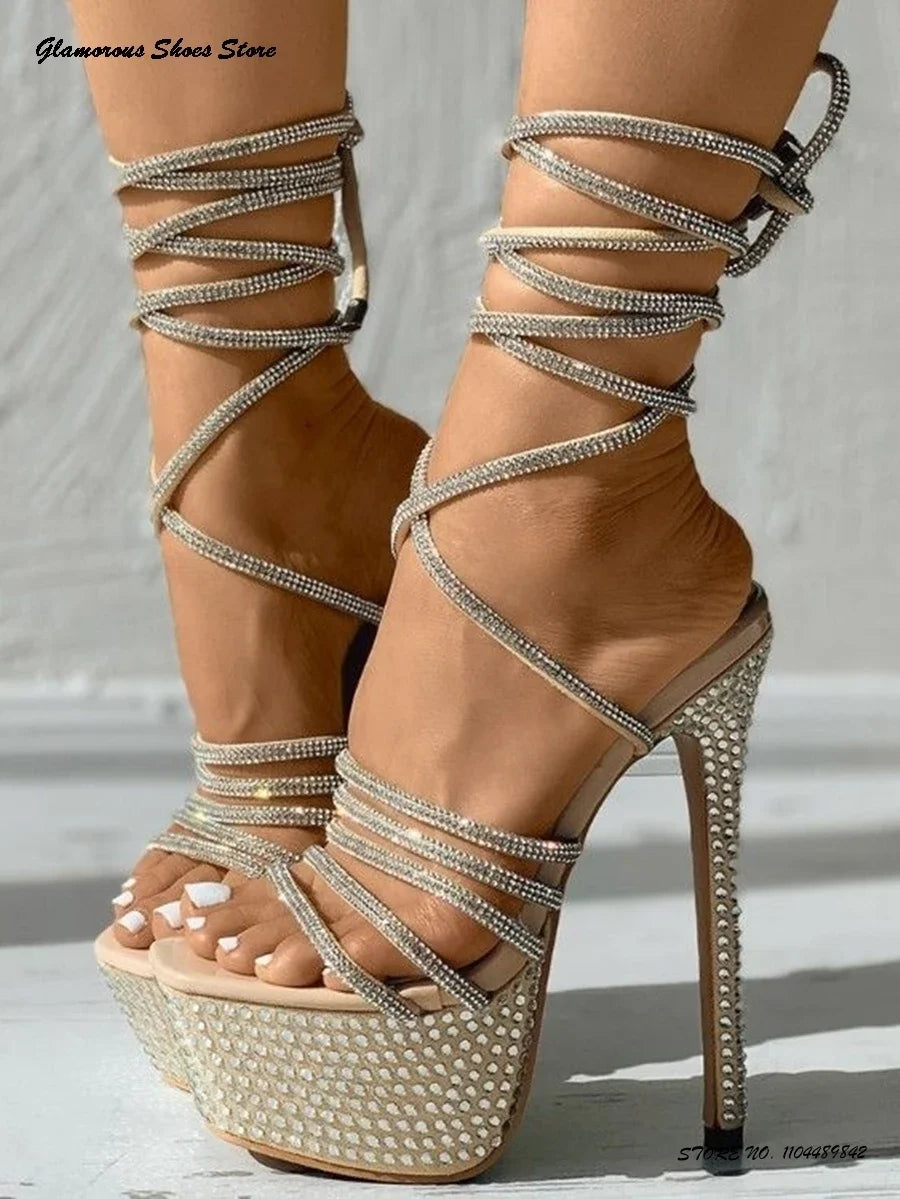 Sparkling Rhinestone Platform Sandals Summer Round Open Toe Thin High Heels Fashion Strappy Stilettos Lace-up Women's Shoes - Kimlud