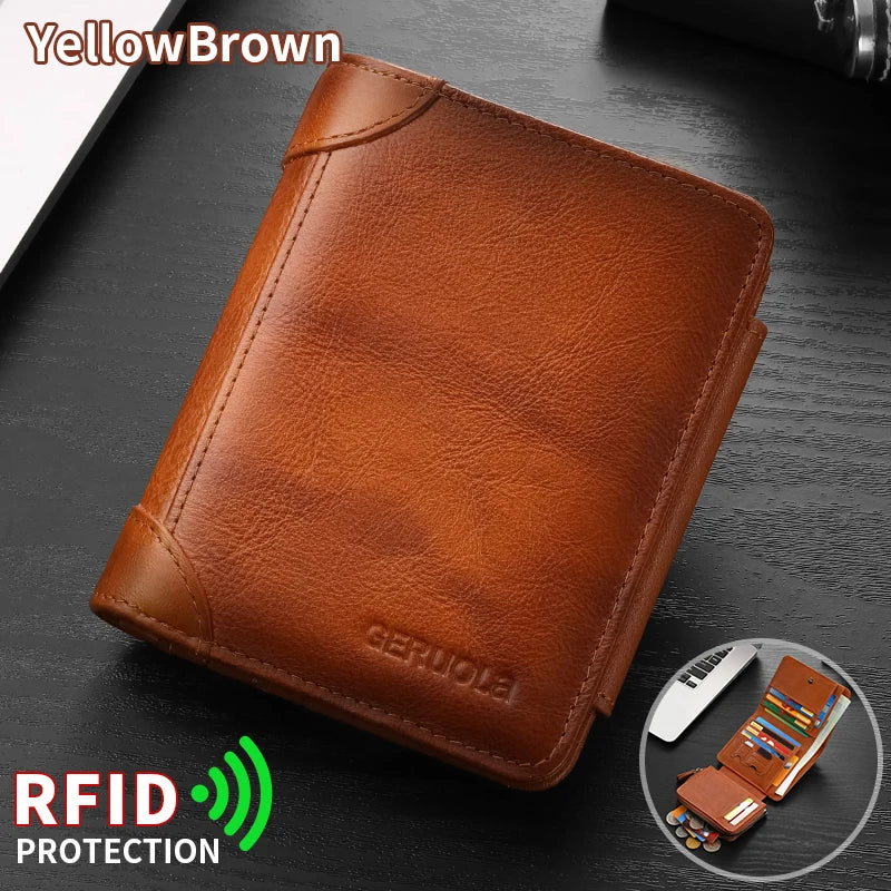 Men’s compact, high-capacity genuine leather wallet; top-grain cowhide wallet with multiple card slots; RFID protection