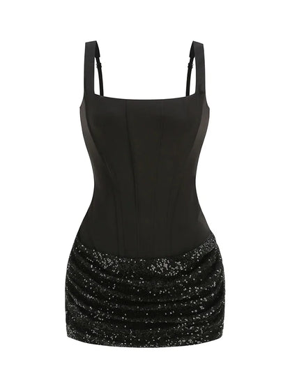 Sexy Spaghetti Straps Sequins Patchwork Ruched Mini Dress Women Black Sleeveless Back Lace Up Slim Elegant Evening Party...