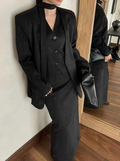 KWTX 2025 Women's 3 Pcs Suit Set Spring Fall V-Neck Blazer Single Breasted Vest Ribbon Tie Skirt Solid Color Elegant Retro