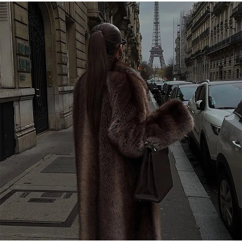 Fashion Brown Faux Fur Overcoat Women Luxury Lapel Long Sleeve Fluffy Coat 2025 Winter Female Thicken Warm High Street Outwear