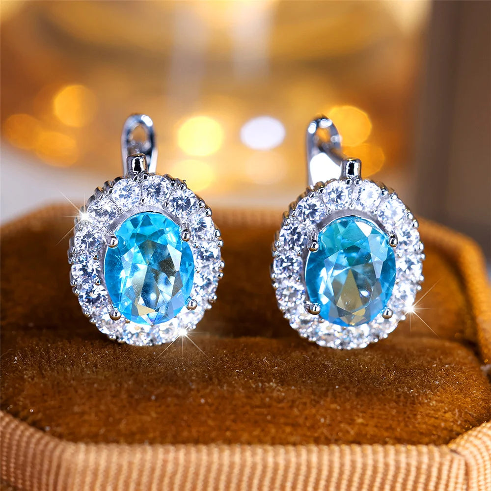 Cute Small Blue Green Zircon Stone Hoop Earrings For Women Charm Female Silver Color Wedding Jewelry Gift