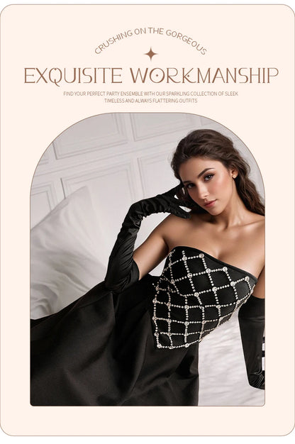 VC Glamorous Black Sleeveless Strapless Dress with Diamond-Grid Details for Galas Gown