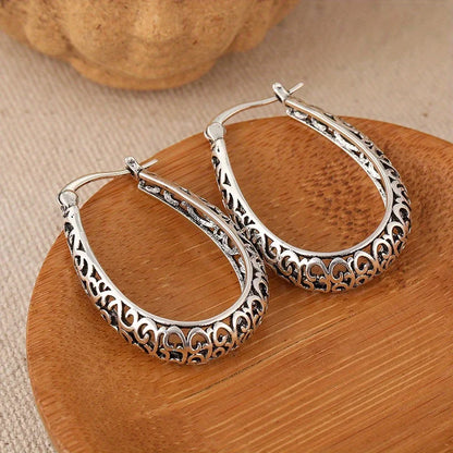Retro Hollow Floral Carved U-Shaped Earrings Silver Plated  Fashion Hoop Earrings Jewelry For Women Daily Party Banquet