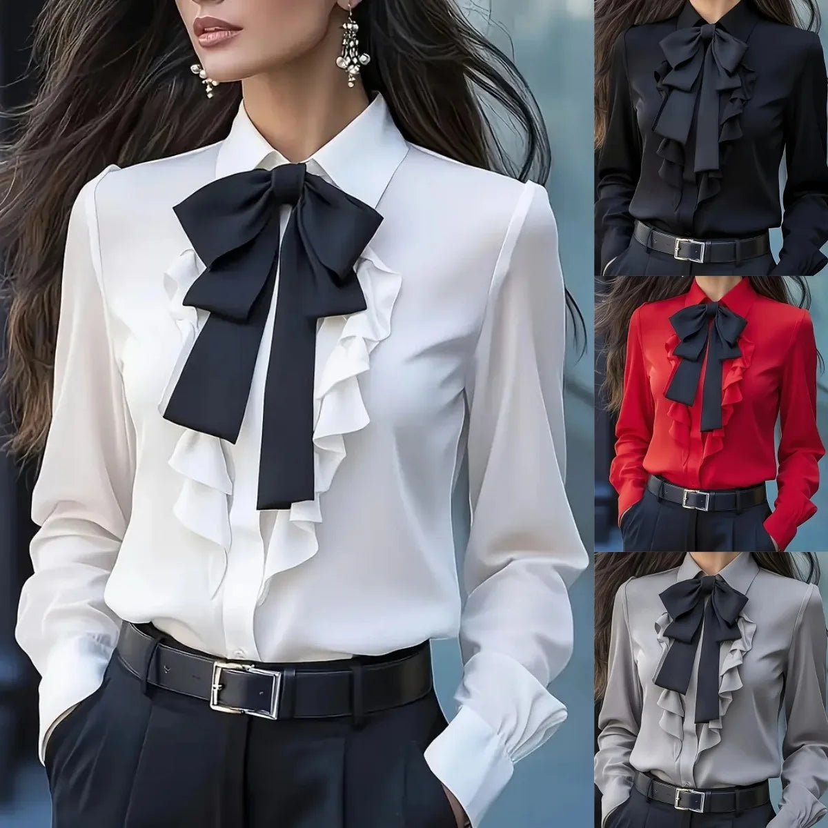 New Autumn Solid Color Lace-up Bow Ruffle Design Shirt For Women Vintage Long Sleeve Blouse White Shirt Autumn Female...
