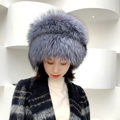 Natural Fox Fur Russian Hat Ushanka Women Winter Warm Fluffy Popular Style Female Tail Cap Fashion Real Fur Hats