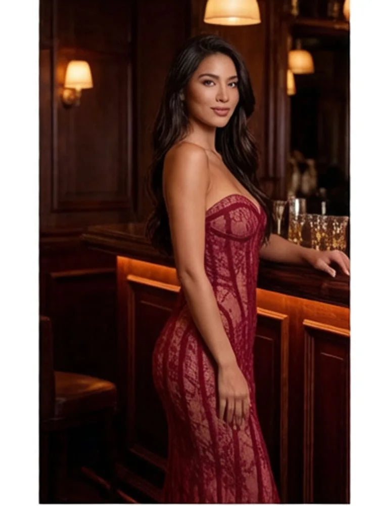 Sexy Strapless Lace Corset Long Dress Women Wine Red Black Sleeveless Summer Floral Slim Dresses Celebrity Evening Party...