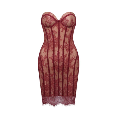 Sexy Sleeveless Floral Lace Corset Mini Dress Women Summer Balck Wine Red Strapless Slim Dresses Celebrity Evening Party Gowns