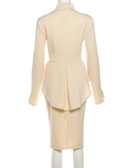 Weird Puss Elegant Office 2-Piece Set Women Classic Autumn trend Single Breasted Ruffled Jacket+Peach Hip Mid Skirt Slim Outfits