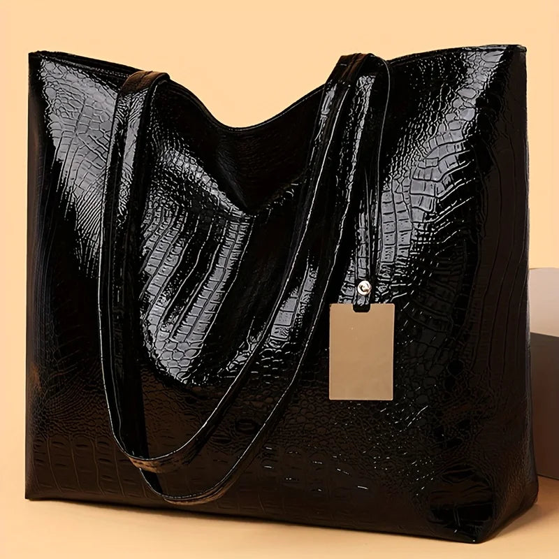 Vintage Women's Tote Bag, Large Capacity Handbag Shoulder Bag with Zipper Closure, Metallic Finish Handbags for Work, Parties