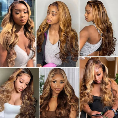 Highlight Body Wave 13x6 Transparent Lace Frontal Wig Human Hair 4/27 Colored Lace Front Human Hair Wigs For Women Pre Plucked - Kimlud