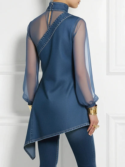 Women's Asymmetric Denim Shirt Vacation High Neck Irregular Hem Sheer Mesh Loose Fit Fashion Party Top Spring/Fall Women's Tops - Kimlud